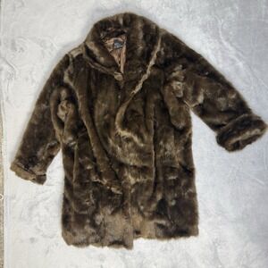 Dennis Basso Faux Mink Fur Coat Women 2X Brown Long Plus Size Shawl Collar